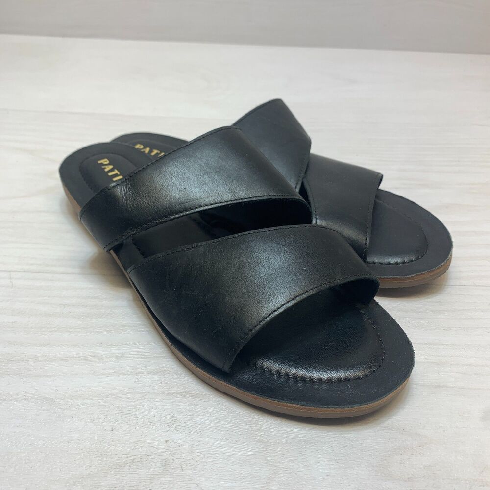 Patina Asymmetrical Cross Strap Slide Sandals Women Size 9 Black Leather Slip On